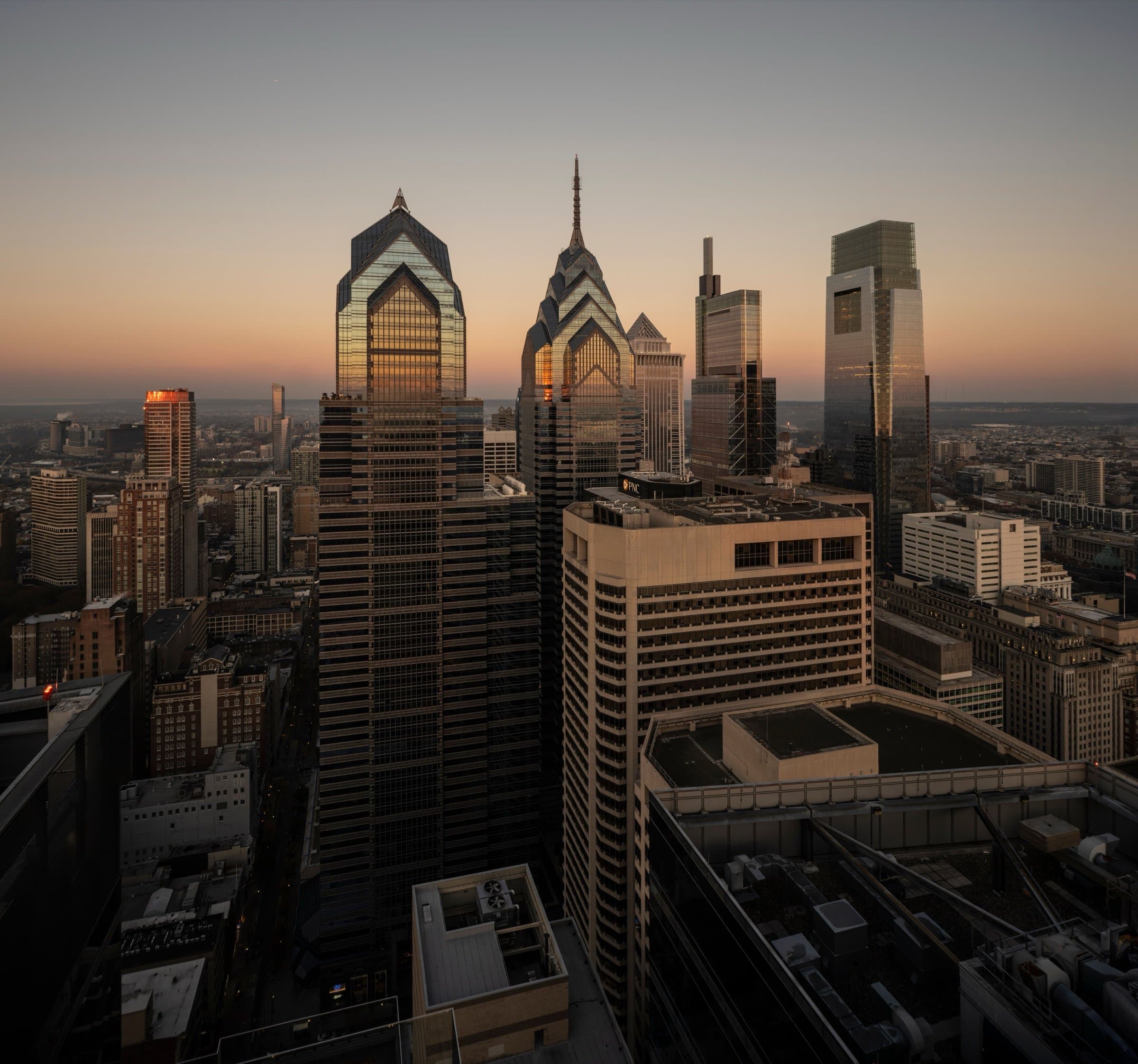 Golden-hour aerial view of the Philadelphia skyline